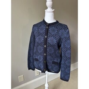 Geiger‎ Cardigan Sweater Blue Pure New Wool Button Black Austria Button Size 38